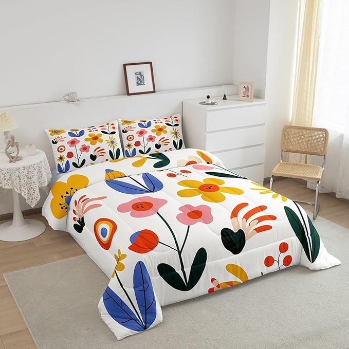 Hippie Floral Kids Comforter Set King Size,Groovy Flowers Leaves Cartoon Sketch Reversible Quilted Duvet with 2 Pillowcases Vintage 80s Retro Bohemian Down Comforter for Boys Teens Bedroom