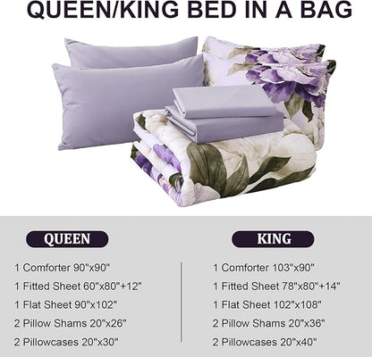 Dobuyly Purple Queen Comforter Set 7 Piece Bed in a Bag Queen, Purple Floral Printed on Light Purple Comforter Set with Sheets, Soft Microfiber Botanical Complete Bedding Set for All Season
