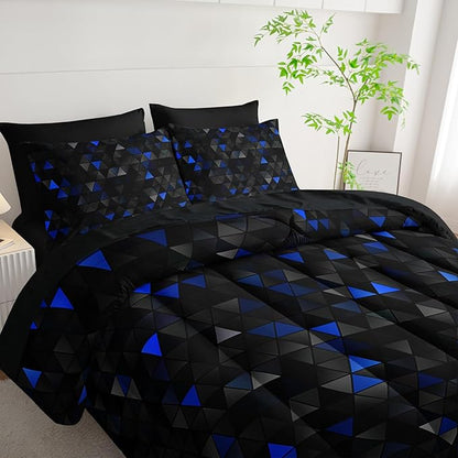 Geometric Blue Black Triangle Full Size Comforter Set,Light Honeycomb Bedding Set 7 Piece in A Bag,Bed Sheet Set Geometry Decor,Microfiber Lightweight All Season