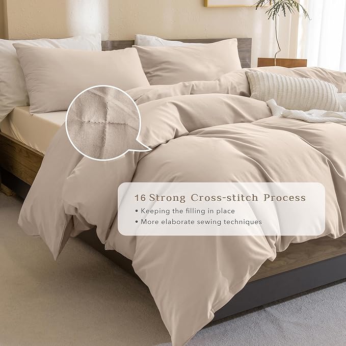 CozyTide Cotton Queen Comforter Set,Solid Lightweight Fluffy Beige Khaki Bedding Comforters & Sets Vintage Aesthetic Queen Bedding Set for All Season