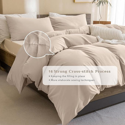 CozyTide King Size Comforter Set,Washed Cotton Boho Bedding Comforter Set Soft Lightweight Fluffy Aesthetic Bedding Set 3 Pieces(1 Beige Khaki Comforter and 2 Pillowcases)