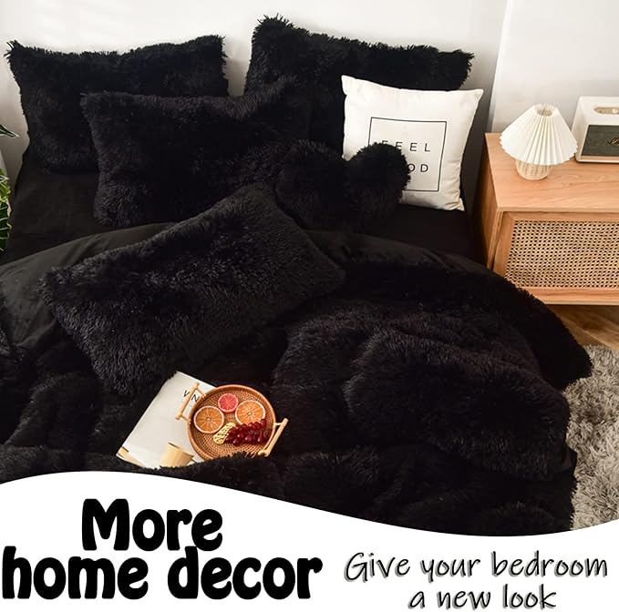 MorroMorn Fluffy Heart Throw Pillows, Shaggy Decorative Pillow for Sofa Couch Bed, Cute Room Decor Decorations for Women Girls Kids (Black)