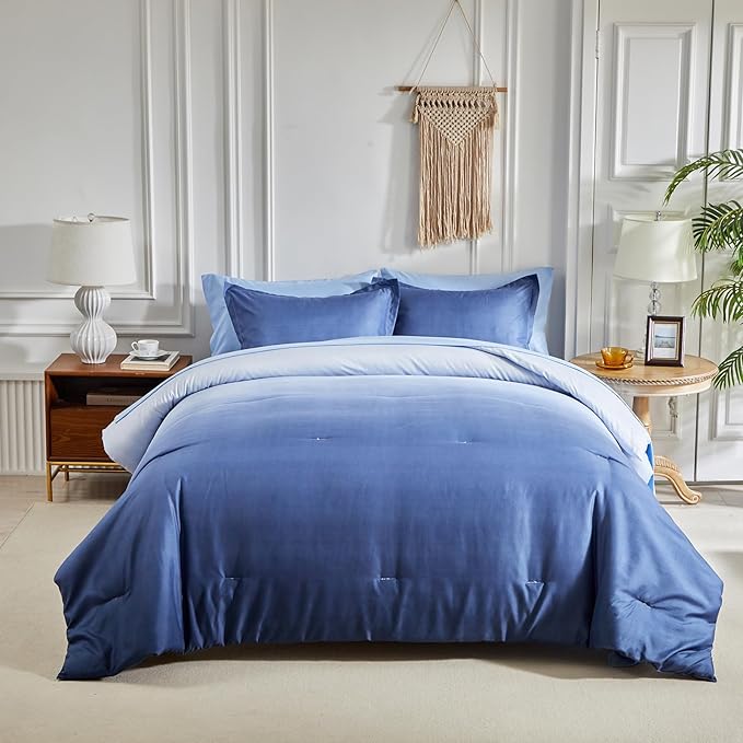 Navy and Light Blue Gradient Comforter Set Queen Size 7 Pieces Elegant Ombre Bed in a Bag - Reversible All Season Bedding Set with Comforter, Flat Sheet, Fitted Sheet, 2 Pillowcases & 2 Pillow Shams