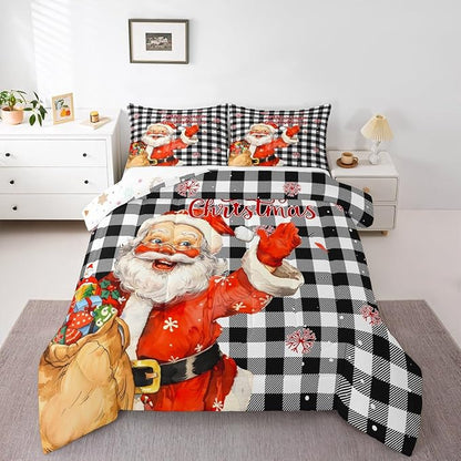 Merry Christmas Comforter Set Twin Size,Black White Plaid Bedding Set 2Pcs for Kids Boys Teens Girls Room Decor,Cartoon Santa Claus Quilt Set Cute Winter Snowflake Duvet Insert,1 Pillowcase
