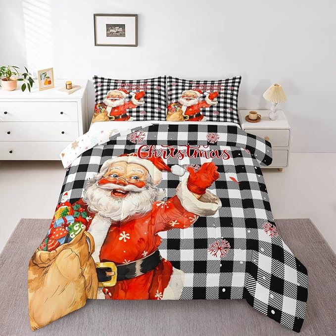 Merry Christmas Comforter Set Full Size,Black White Plaid Bedding Set 3Pcs for Kids Boys Teens Girls Room Decor,Cartoon Santa Claus Quilt Set Cute Winter Snowflake Duvet Insert,2 Pillowcases