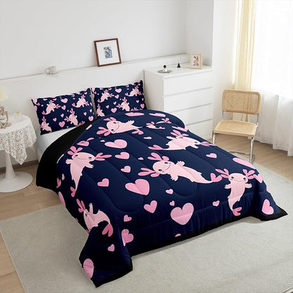 Feelyou Axolotl Comforter Set Queen Size Heart Comforter for Boys Girls Teens Cute Axolotl Bedding Set Cartoon Salamander Duvet Set Room Decor Navy Blue Pink Quilt Set