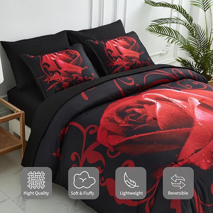 Red Comforter Set King 7 Piece Bed in a Bag Red Rose Flower Comforter with Sheet Set Soft Micorfiber Reversible Bedding Set (1 Comforter,2 Pillow Shams,1 Flat Sheet,1 Fitted Sheet,2 Pillowcases)
