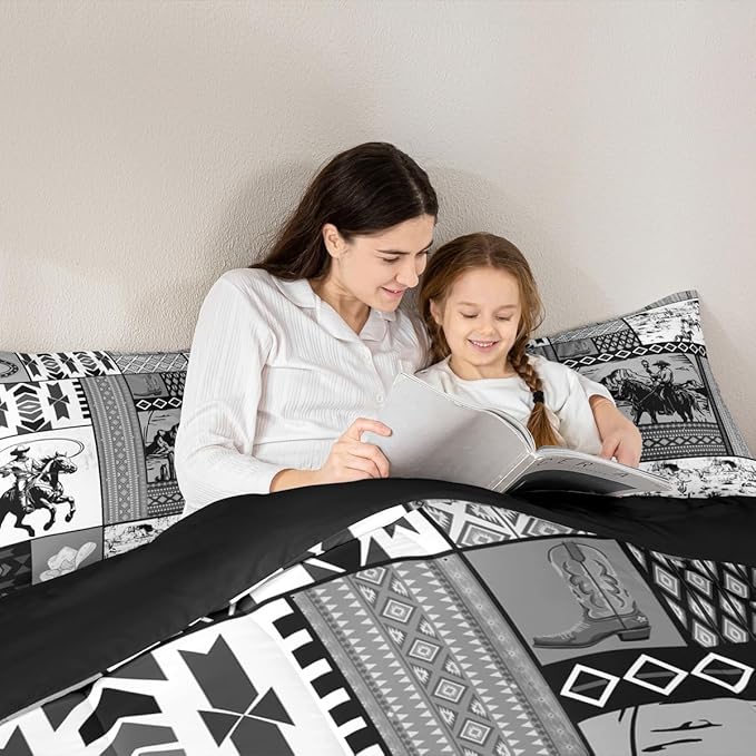 Feelyou Kids Grey Western Aztec Comforter Set Toddler Size Horse Bedding Set for Boys Girls Teens Bedroom Decor Wild Cowboy Boho Boho Rustic Farmhouse Tribal Duvet Quilt Breathable Soft 2Pcs