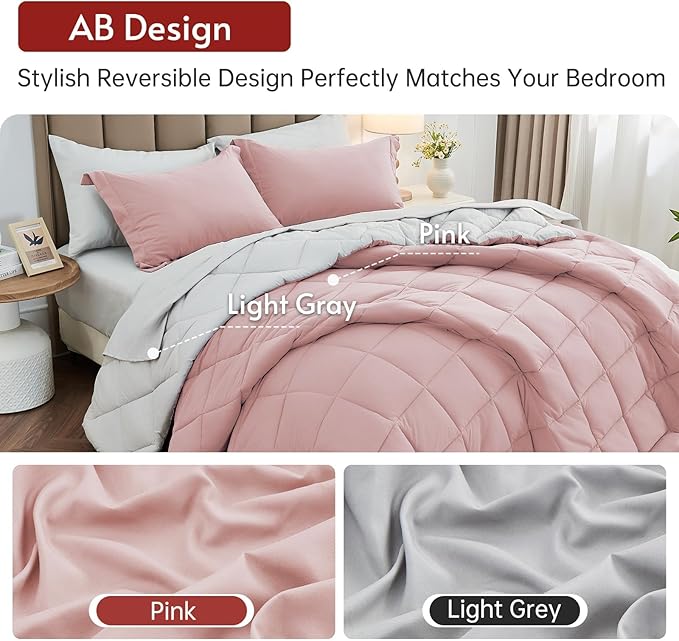 MUXHOMO 7 Pieces California King Comforter Set, Reversible Bed in a Bag Cal King Size, All Season Bedding Set with Comforter, Flat Sheet, Fitted Sheet, Pillowcases & Shams, Pink & Light Grey