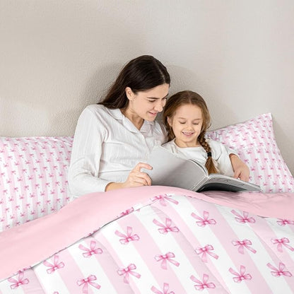 Castle Fairy Kids Bow Comforter Set King Size,Pink Bowknot Stripes Bedding Sets 3Pcs for Girls Teens Woman Room Decor,Sweet Princess Style Quilted Duvet Girly Bow Ribbon Down Comforter,2 Pillowcases