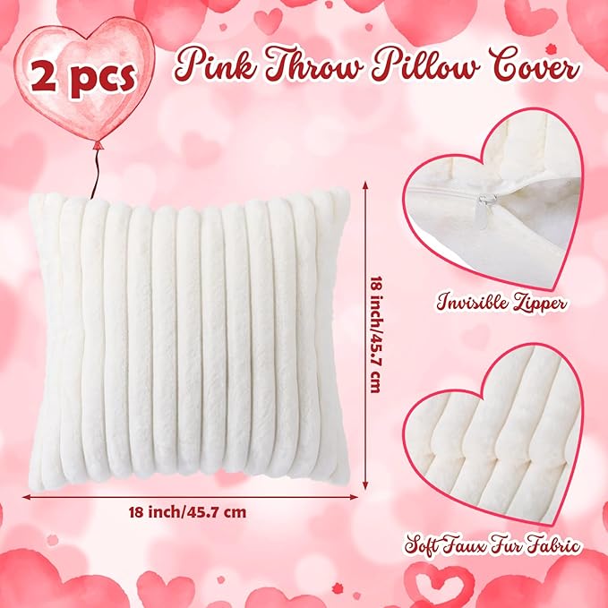 Leinuosen Set of 3 Valentine's Day Decor Heart Red Throw Pillow and 18 in Pillows Covers Faux Fur Decorative Heart Shaped Pillow Furry Stripe Pillowcase for Valentine Bed Couch Living Room Home Decor