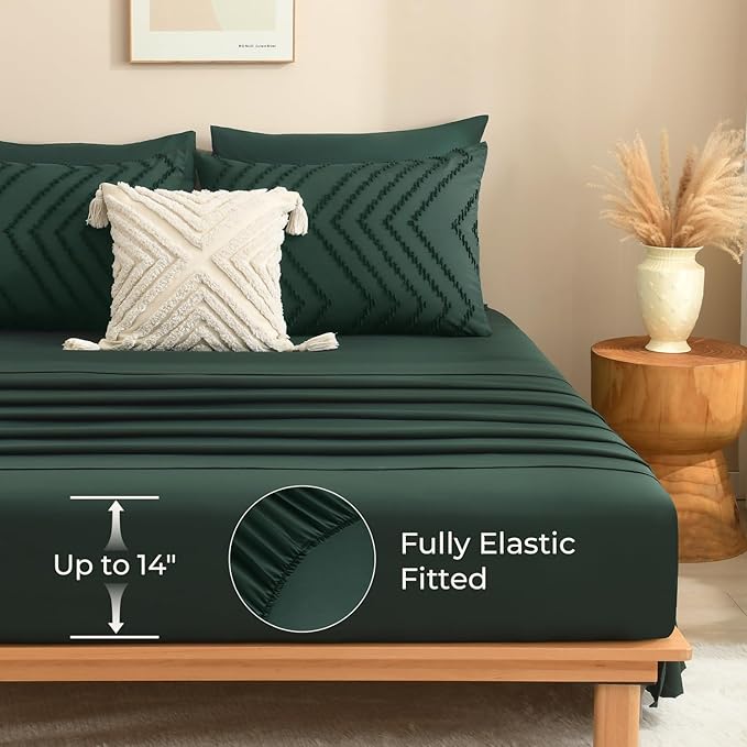 Litanika Super King Plus Size Comforter Set with Sheets Emerald Green - 7 Pieces Bed in a Bag Oversized King Boho Tufted Complete Bedding Sets with Comforter, Sheets, Pillowcases & Shams