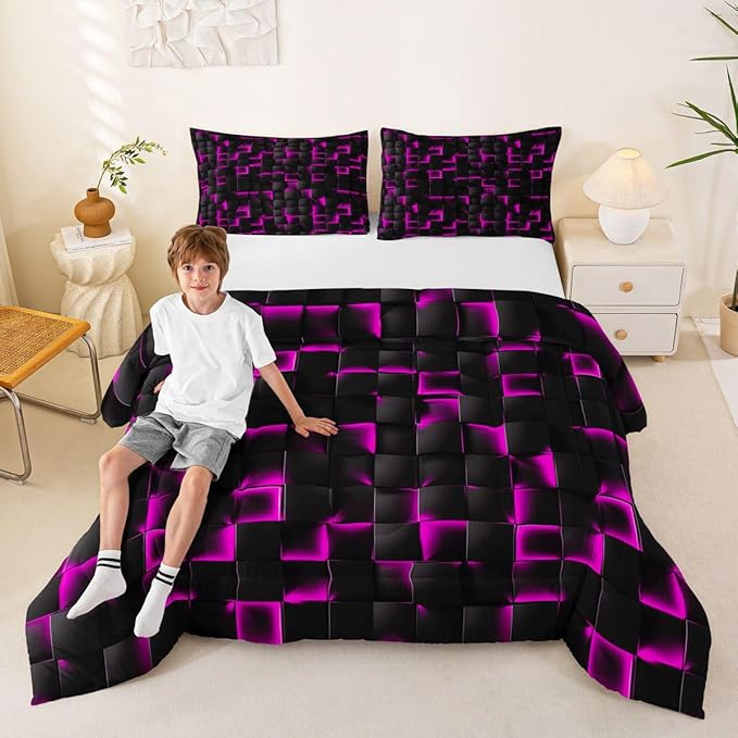 Erosebridal Neon Black Purple Comforter Set Twin Violet Geometric Checkered Bedding Set for Kids Teen Adults Gaming Room Decor,Abstract Ombre Plaid Comforter Grids Quilt Duvet