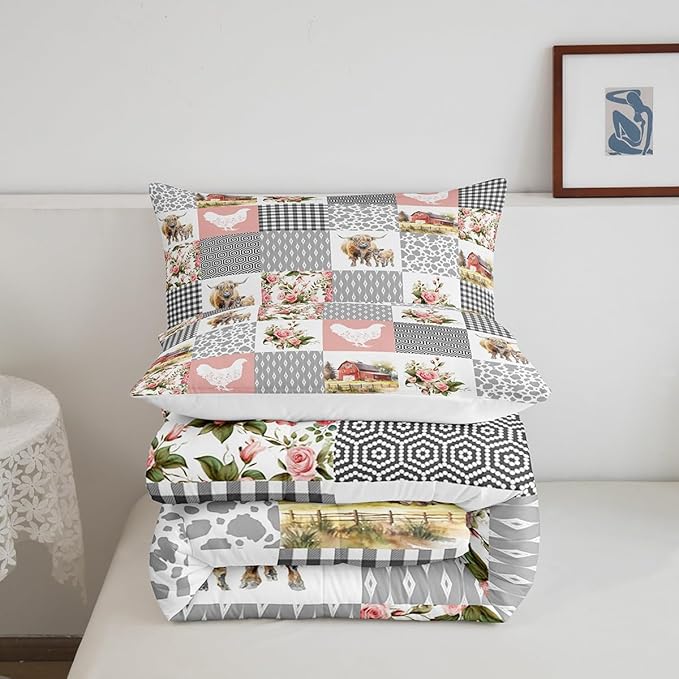 Farmhouse Barn Comforter Set Twin Size,Chicken Highland Cow Flowers Grid Bedding Set for Kids Boys Men,Rustic Pink Patchwork Geometric Quilted Duvet Set with 1 Pillowcase