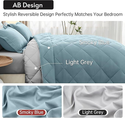 MUXHOMO 7 Pieces California King Comforter Set, Reversible Bed in a Bag Cal King Size, All Season Bedding Set with Comforter, Flat Sheet, Fitted Sheet, Pillowcases & Shams, Greyish Blue & Light Grey