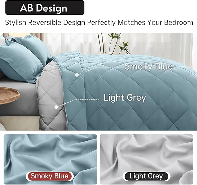 MUXHOMO 7 Pieces Queen Comforter Set, Reversible Bed in a Bag Queen Size, All Season Bedding Set with Comforter, Flat Sheet, Fitted Sheet, Pillowcases & Shams, Greyish Blue & Light Grey