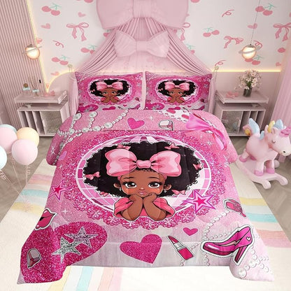 Black Princess Girly Comforter Set Queen Size,High-heeled Shoes Lip Bowknot Diamond Bedding Set,Girls Women Room Decor,African American Girls Down Comforter,Pink Cute Duvet Insert,2 Pillowcases