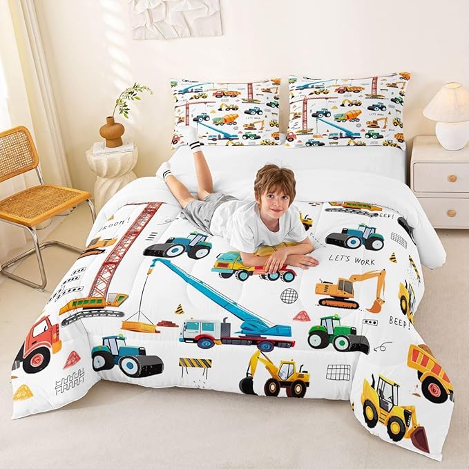 Tractor Comforter, Excavator Machinery Trucks Bedding Set Full Size, Construction Vehicle Down Comforter, Bulldozer Crane Equipment Truck Quilt Set For Child Teens 3Pcs Bedroom Decor, Yellow Green