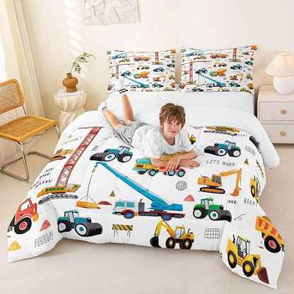 Construction Bedding Set Kids Cartoon Car Comforter Set Equipment Trucks Excavators Down Comforter King Bedroom Decor Vehicle Construction Site Car Duvet Insert With 2 Pillow Cases, Yellow White