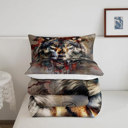Erosebridal Hunting Wolf Twin Bedding Set,Indian Wolf Comforter Set for Kids Boys Girls Room Decor,Exotic Ethnic Tribal Quilt Set Wildlife Animal Safari Bedding Comforter Sets,1 Pillowcase