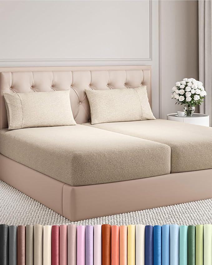 Split King Size 5 Piece Sheet Set - Comfy Breathable & Cooling Bed Sheets Set - Hotel Luxury Bedding for Women, Men, Kids, Teens, Boys & Girls - Deep Pockets & Wrinkle Free - Beige (Heathered Sheets)