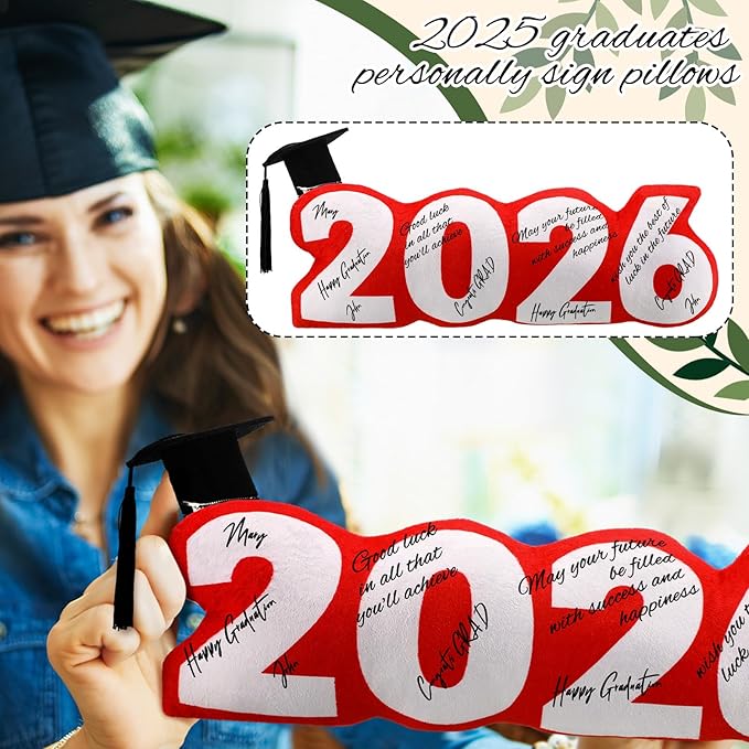 Class of 2026 Autograph Stuffed Pillow 15.7" Graduation Autograph Stuffed Pillow Graduation Guest Signature Gifts Grad Party Sign in Decor for High School College(Red,Classic)