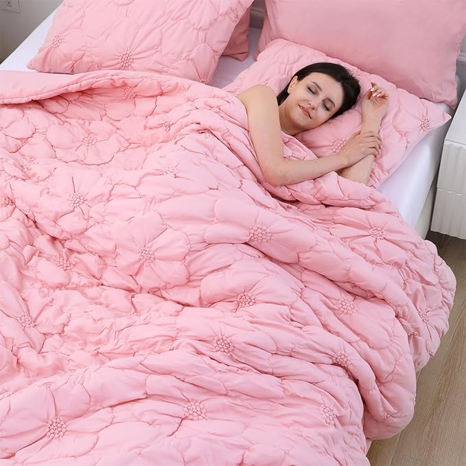 Pink Pinch Pleat Comforter Set Queen Size-7 Pieces Bedding Comforter Bed in A Bag-Lightweight Microfiber Bedding Set with Comforter,Fitted Sheet,Flat Sheet and Pillow Shams-90 x90