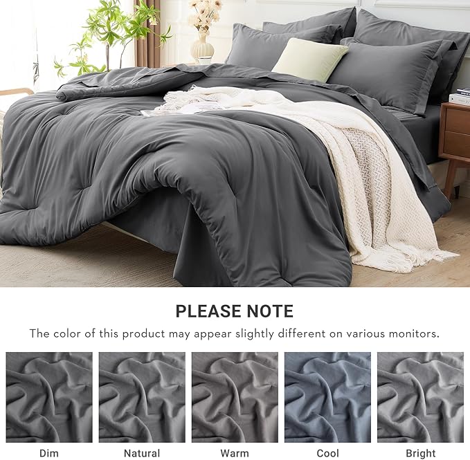 MUXHOMO 5 Pieces Twin Comforter Set, Soft Bed in a Bag Twin Size, All Season Bedding Set with Comforter, Flat Sheet, Fitted Sheet, Pillowcases & Shams, Dark Grey