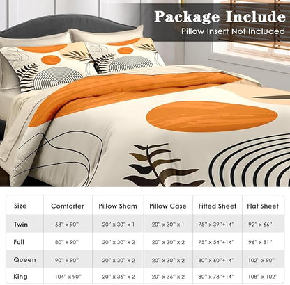 Comforter Set King Size, Mid Century Boho Orange 7 Pcs Bedding for Kids and Adults, Geometric Bed Sheet Sets with Fitted Sheet 2 Pillowcases & 2 Shams for Bedroom Bed Decor
