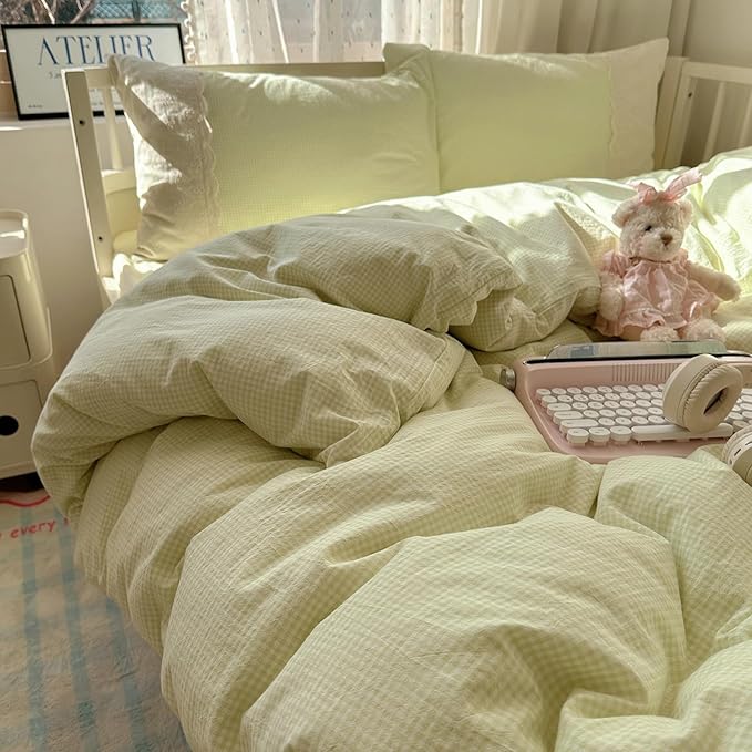 HighBuy Sage Green Gingham Comforter Set Twin XL 3 Pieces Green Grid Plaid Comforter Set Soft Fluffy with Lace Ruffles,Checkered Pattern Comforter with 2 Pillowcases Farmhouse Gingham Bedding