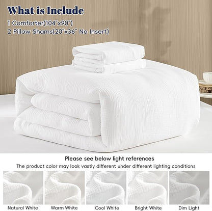 PHF Cotton Muslin Comforter Set King – 100% Cotton Cover, Ultra Soft & Breathable, 3PCS Lightweight All-Season Bedding with Polyester Fill, 1 Comforter 104"x90" & 2 Pillow Shams 20"x36", White