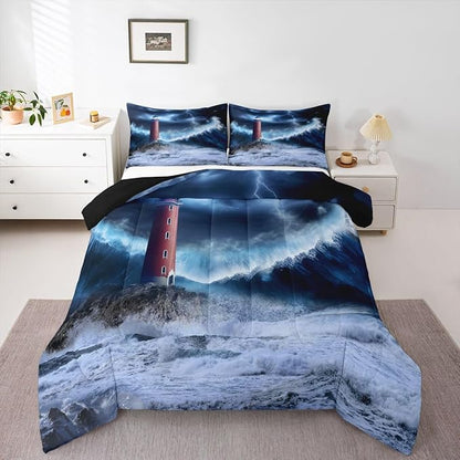 Erosebridal Lighthouse Comforter Set Queen Nautical Duvet Set Surfing Ocean Wave Quilt Set Coastal Nature Theme Quilted Duvet for Kids Boys Girls Teens Bedroom Living Room Decorative, Blue