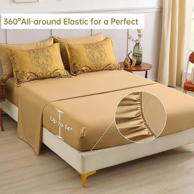 Mybedsoul 7 Pieces Gold Comforter Set King Size, Damask Bed in a Bag for King Bed, Lightweight Microfiber Boho Bedding Sets with Comforter, Sheet, Pillowcases & Shams for All Season(90"x104")