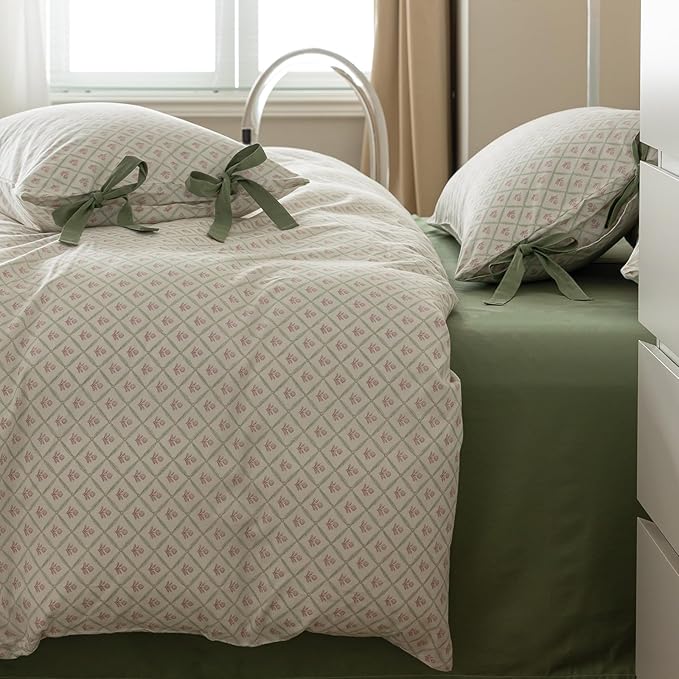 HighBuy Vintage Floral Comforter Set King Size Cozy Fluffy Pink Flower Grids Print Comforter with 2 Bowknot Bow Tie Pillowcases Farmhouse Chic Coquette Aesthetic Bedding Comforter Set