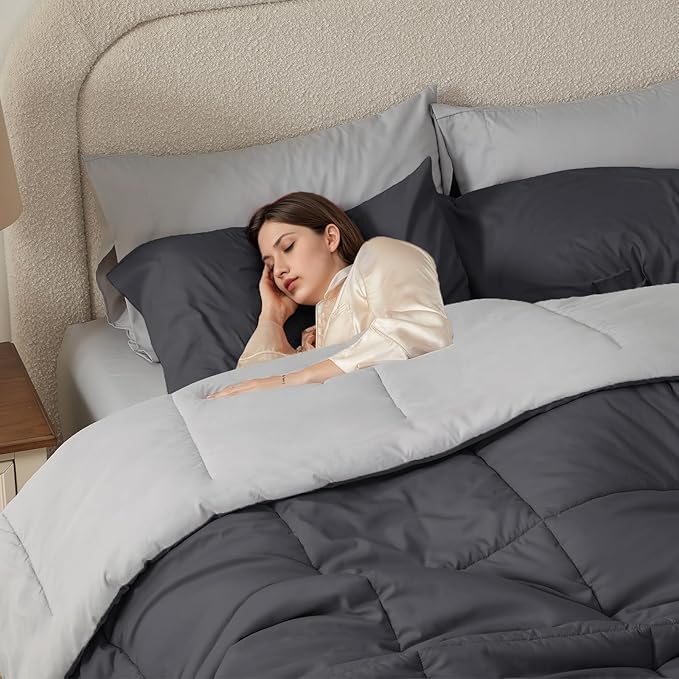 Anluoer Full Size Bed in a Bag 7 Pieces, Grey Bed Comforter Set with Sheets, All Season Bedding Sets with 1 Comforter, 2 Pillow Shams, 2 Pillowcases, 1 Flat Sheet, 1 Fitted Sheet