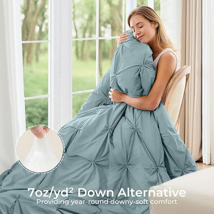 Sasttie Queen Comforter Set, 7-Piece Bed in a Bag, Pintuck Bedding Sets for All Season, Includes Comforter, Flat Sheet, Fitted Sheet, Pillowcases and Pillowshams, Greylish Blue