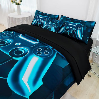 URBONUR Blue Teal Kids Comforter Set Full Size 6 Pieces Video Game Printed Gamer Bedding Set for Boys Teen Girls, Bed in a Bag Full Comforter with Sheets Set