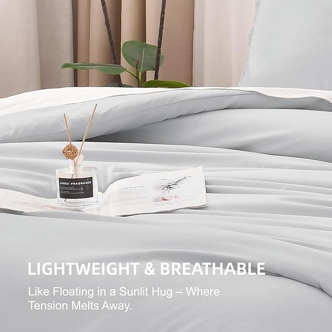Litanika Comforters Light Grey Oversized Queen Size, 3 Pieces Lightweight Solid Bedding Comforter Set, All Season Fluffy Bed Set (98x98In Comforter & 2 Pillowcases)