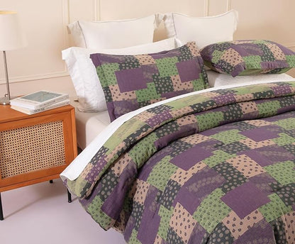 SLEEPBELLA Washed Double Layer Muslin 100% Cotton Comforter Set Queen Size, Purple Green Patchwork Fluffy Thick Checked Bedding Set, Soft Breathable (1 Comforter, 2 Pillow Shams)