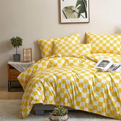 CLOTHKNOW Light Yellow Grid Queen Comforter Set Plaid Bedding Comforter Sets Checker Queen Comforter Light Yellow Queen Size Comforter Sets