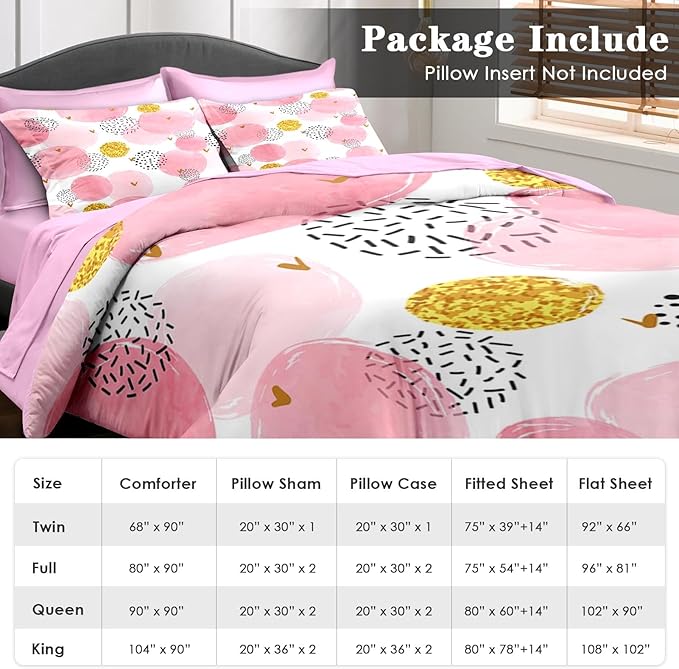Comforter Set King Size, Polka Dot Pink 7 Pcs Bedding for Kids and Adults, Watercolor Spots Circles Bed Sheet Sets with Fitted Sheet 2 Pillowcases & 2 Shams for Bedroom Bed Decor