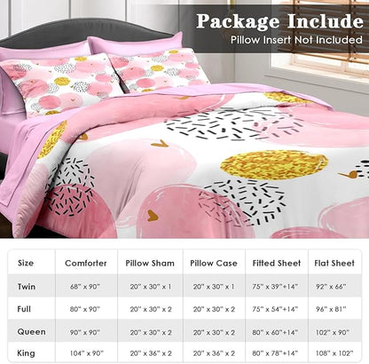 Comforter Set King Size, Polka Dot Pink 7 Pcs Bedding for Kids and Adults, Watercolor Spots Circles Bed Sheet Sets with Fitted Sheet 2 Pillowcases & 2 Shams for Bedroom Bed Decor