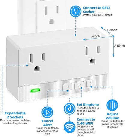 Freezer Alarm Wireless WiFi Alert 2.4GHz,Power Failure Alarm with 2 Socket, 110dB Power Loss Alert with LED Indicator,Blackout Alert for GFCI Trips,Refrigerator,Freeze,Compatible with Smart Life