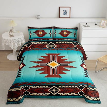 Southwest Comforter Set King Size,Geometric Aztec Tribal Striped Print Bedding Set Rustic Western Quilt Set for Kids Girls Woman Men Room Decor,Adult Retro Turquoise Red Duvet Insert 3Pcs