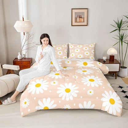 Erosebridal Orange Kawaii Floral Comforter Cute Daisy Twin Bedding Set for Kids Girls Teen Women Room Decor 2 Pcs,Cartoon Flower Comforter Set Rustic Farmhouse Quilt