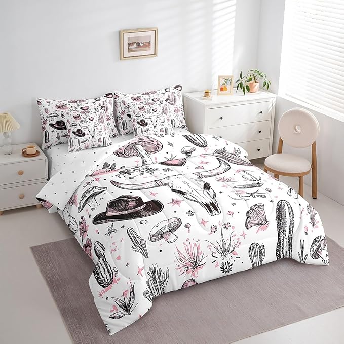Feelyou Western Cow Skull Comforter Set with Sheets Full Size Kids Longhorn Skull 7 Pieces Bedding Set for Boys Girls Teens West Cowboy Bed in a Bag Breathable Hat Bed Set Cactus