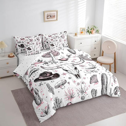 Feelyou Western Cow Skull Comforter Set with Sheets Full Size Kids Longhorn Skull 7 Pieces Bedding Set for Boys Girls Teens West Cowboy Bed in a Bag Breathable Hat Bed Set Cactus