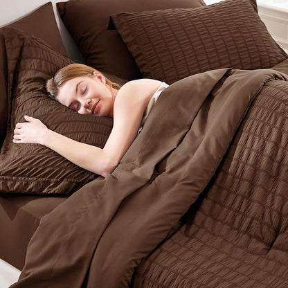 CozyLux King Size Comforter Set Brown Seersucker 7 Pieces Bed in a Bag King Comforter Set with Sheets, Luxury Soft Bedding Set with Down Alternative Comforter, Sheets, Pillowcases & Shams All Seasons