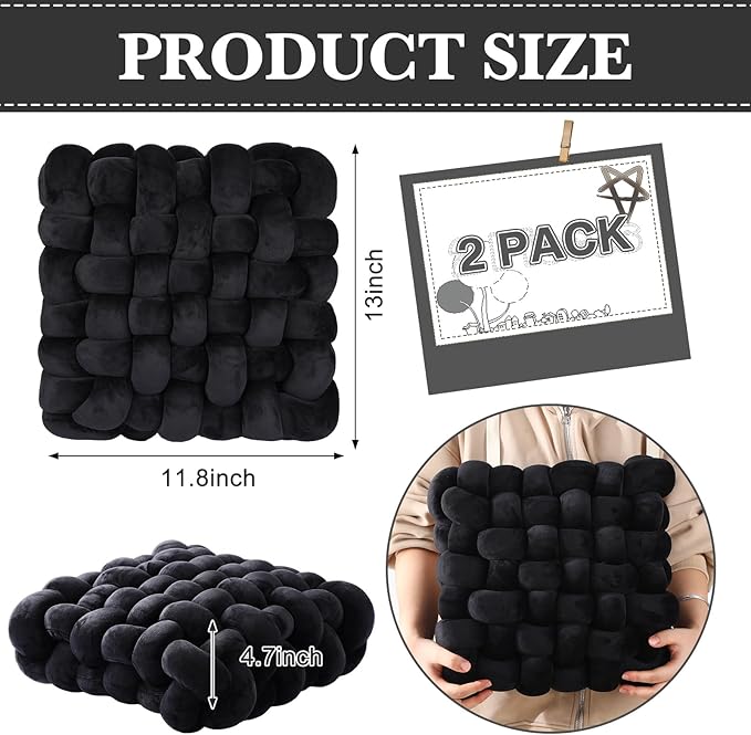 Wenqik 2 Pcs Knot Pillows Square Knotted Plush Throws Soft Accent Pillows Decoration Cushion for Couch Home Office Living Room Bedroom Bed Sofa Decor, 12'' x 13''(Black,Crystal Velvet)