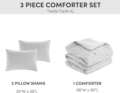 Comfort Spaces Cotton Comforter Set Jacquard Pom-Pom Tufts Design, Down Alternative, All Season Modern Bedding, Matching Shams, Twin/Twin XL, Grey 3 Piece
